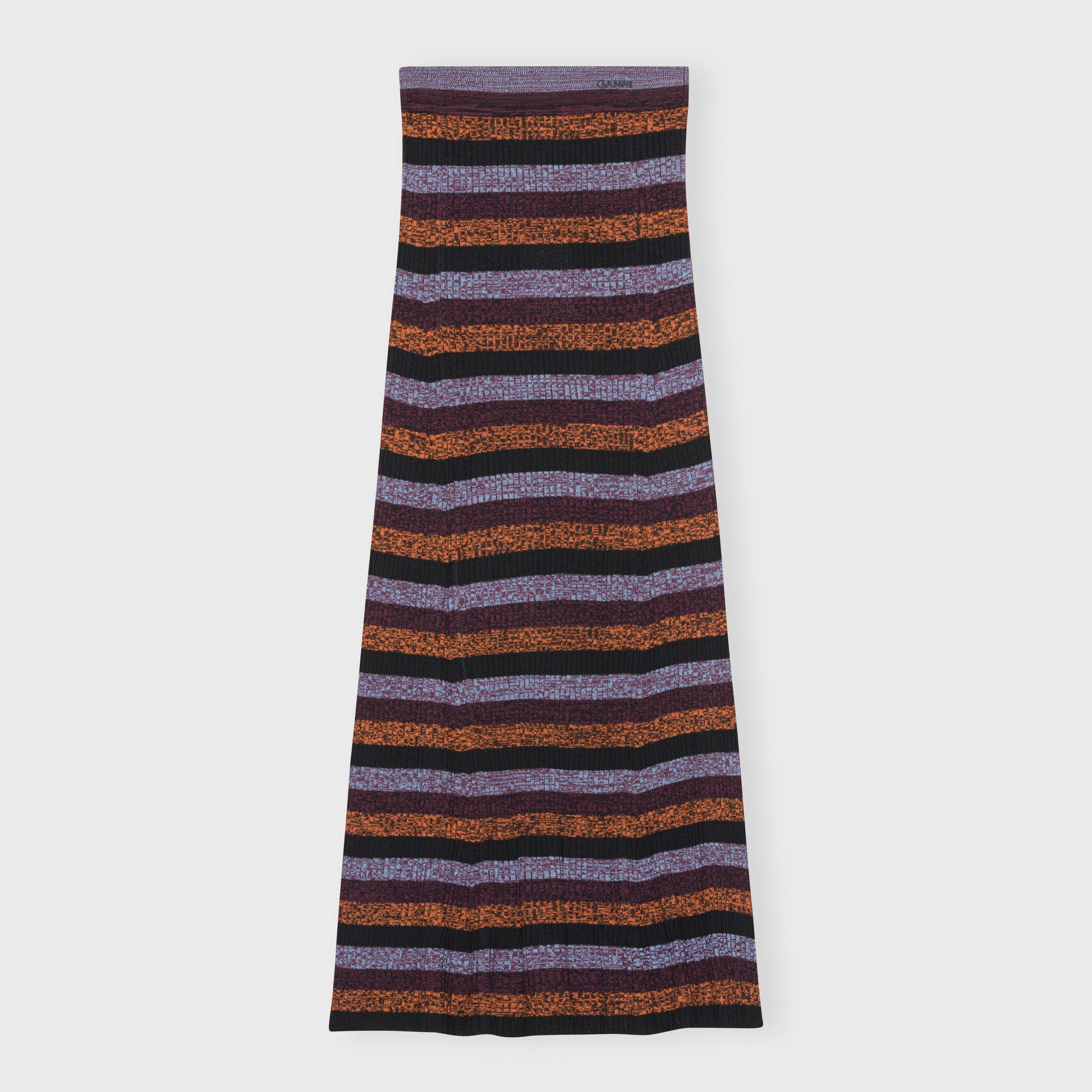 Flat product shot of the black, red, and lavender striped maxi skirt.