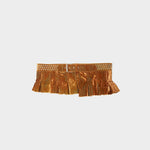 Flat photo of the Star Pleated Belt - a crush velvet belt with embedded star details along the waist line and a descending pleated skirt effect in a bark-like brown color.