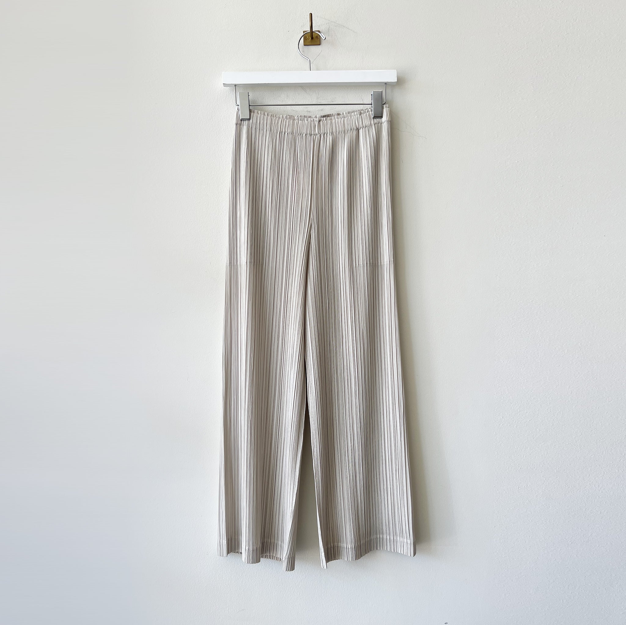 Medium-weight pleated pant in a light grey color way with hidden side pockets.