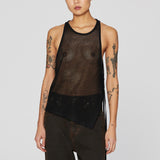 Mesh half body photo of model wearing the mesh UV tank in the color midnight.