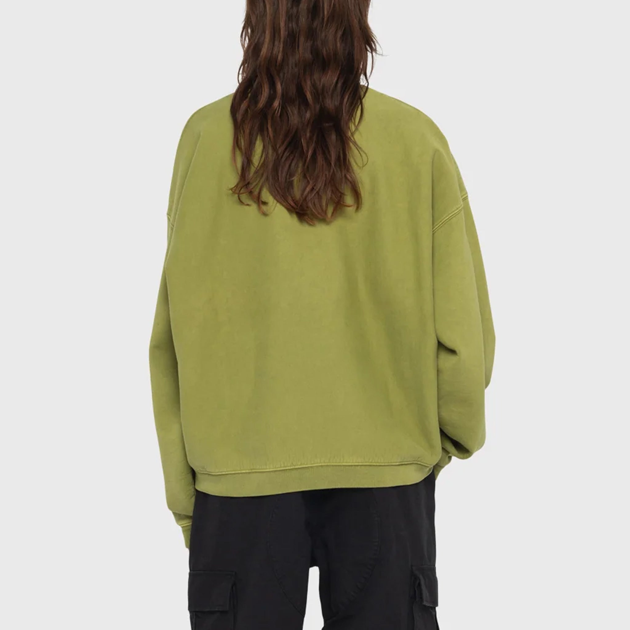 Back half body photo of model wearing a oversized stussy crewneck sweatshirt in a light green color.