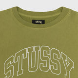 Close detail photo of a oversized stussy crewneck sweatshirt in a light green color.