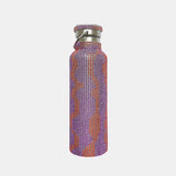 A stainless steel water bottle covered in rhinestones with an orange and purple squiggly line pattern.