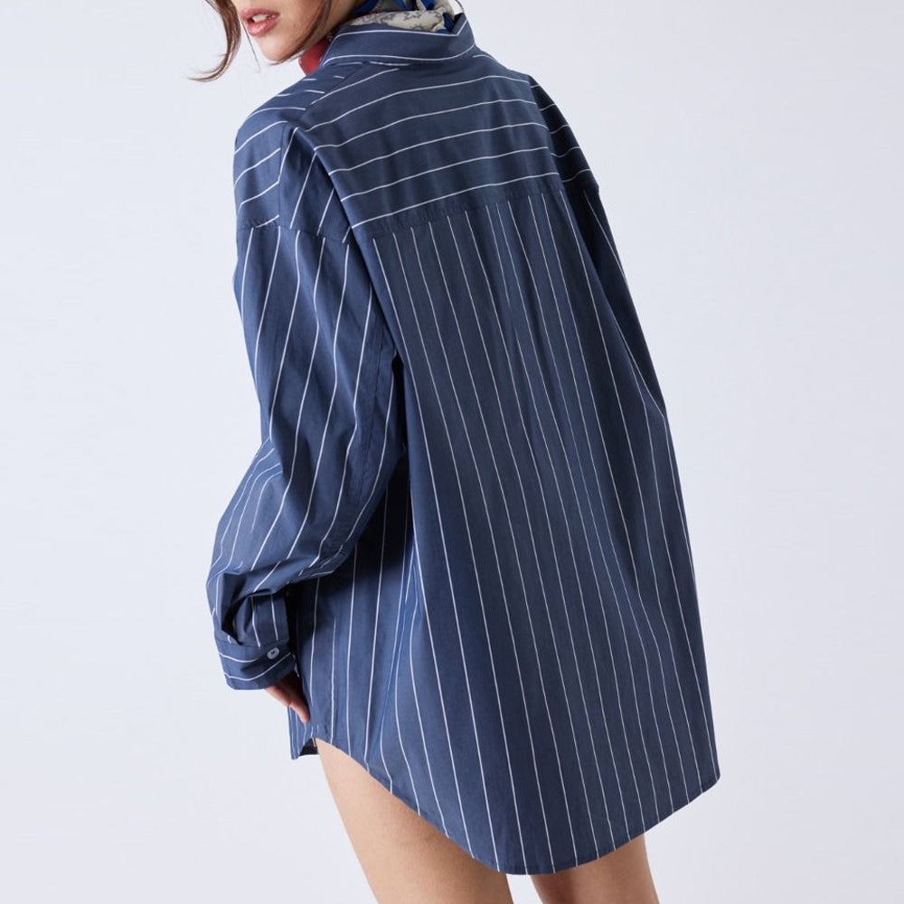 Back half body photo of model wearing the Wide Striped Oversized Shirt - Dark Grey.