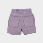 A back photo of Les Tien's Yacht Short, a unisex cotton short with wide elastic waistband, side pockets, and long white waist drawstring in a light heathered lavender color.