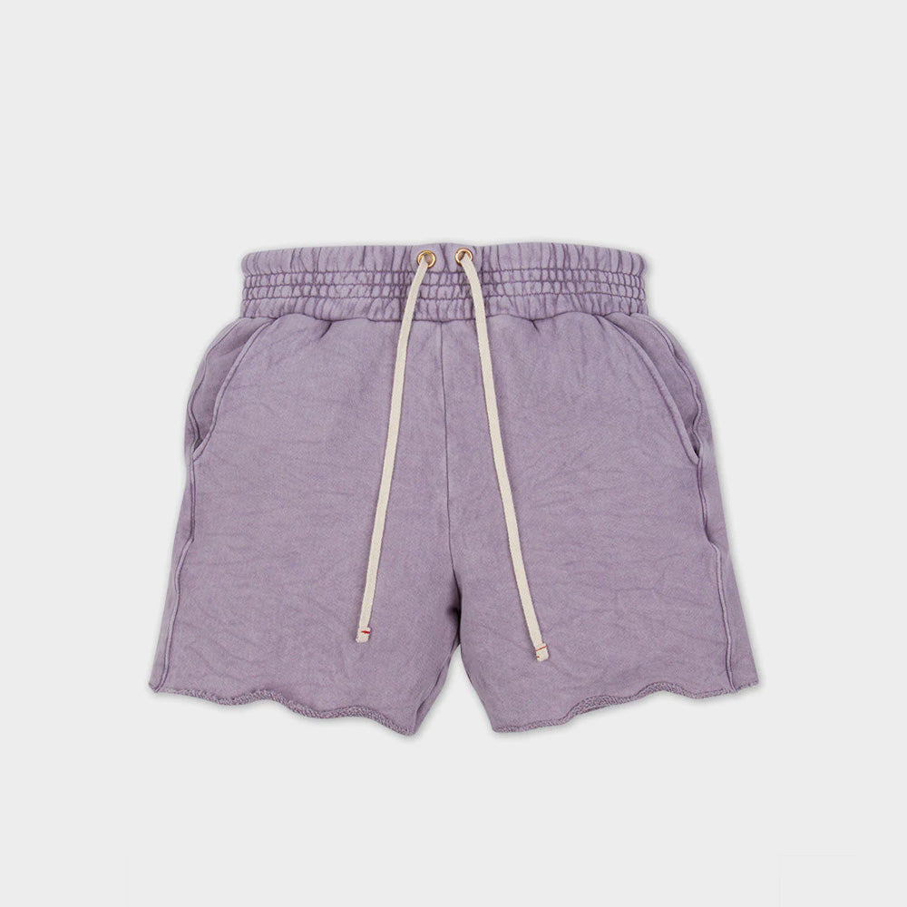 A flat photo of Les Tien's Yacht Short, a unisex cotton short with wide elastic waistband, side pockets, and long white waist drawstring in a light heathered lavender color.