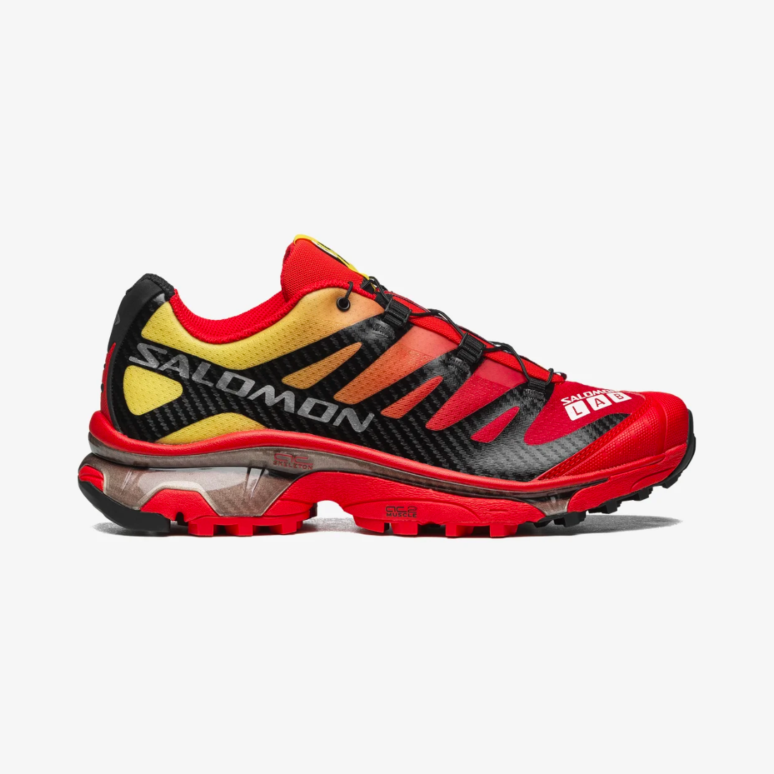 Close detail photo of the XT-4 OG - Fiery Red/ Black/ Empire Yellow.