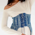 Close detail photo of model wearing the Alisa Denim Lace up Bustier Tee - Light Beige.