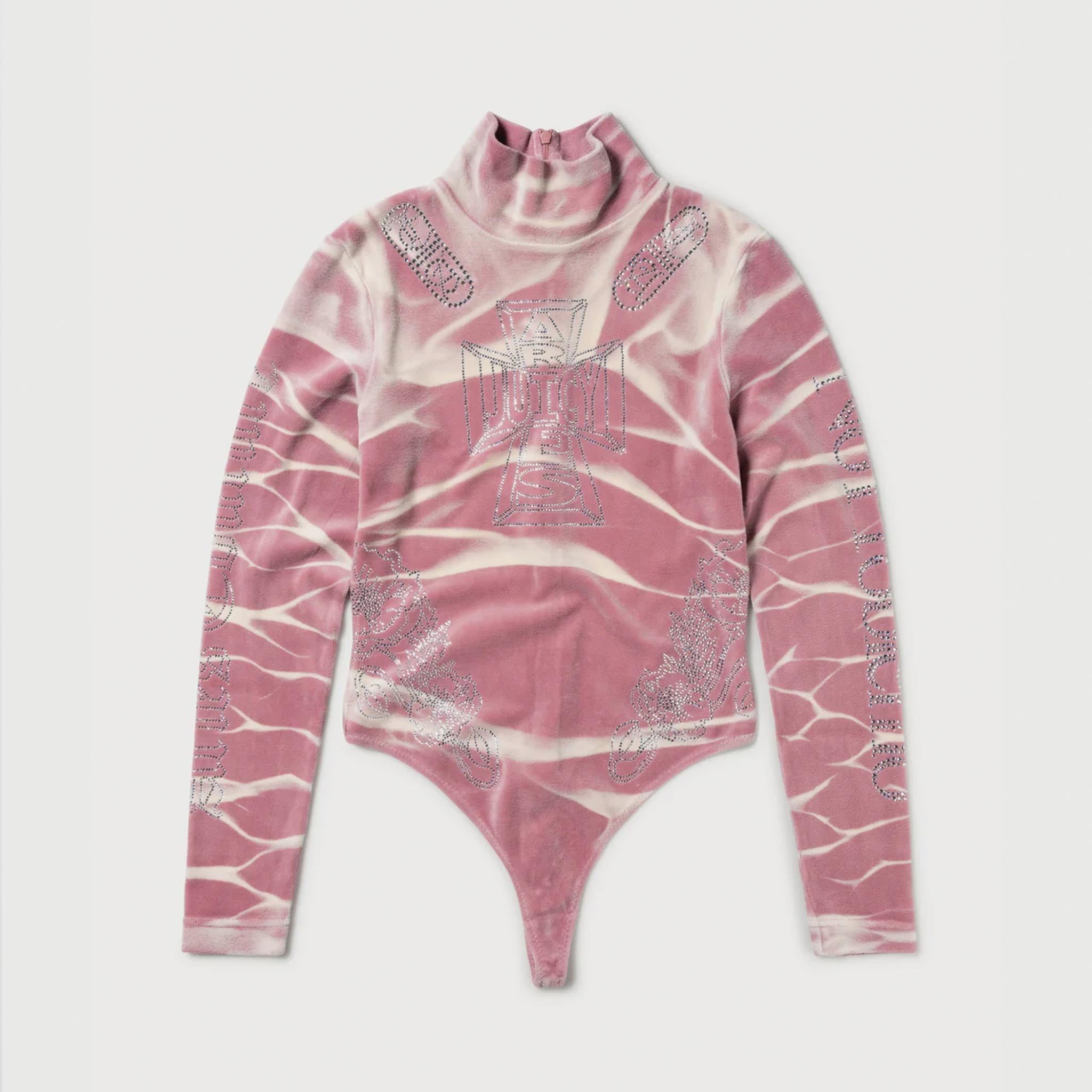 Flat detail photo of the Juicy Tie Dye Velour Bodysuit - Pink.