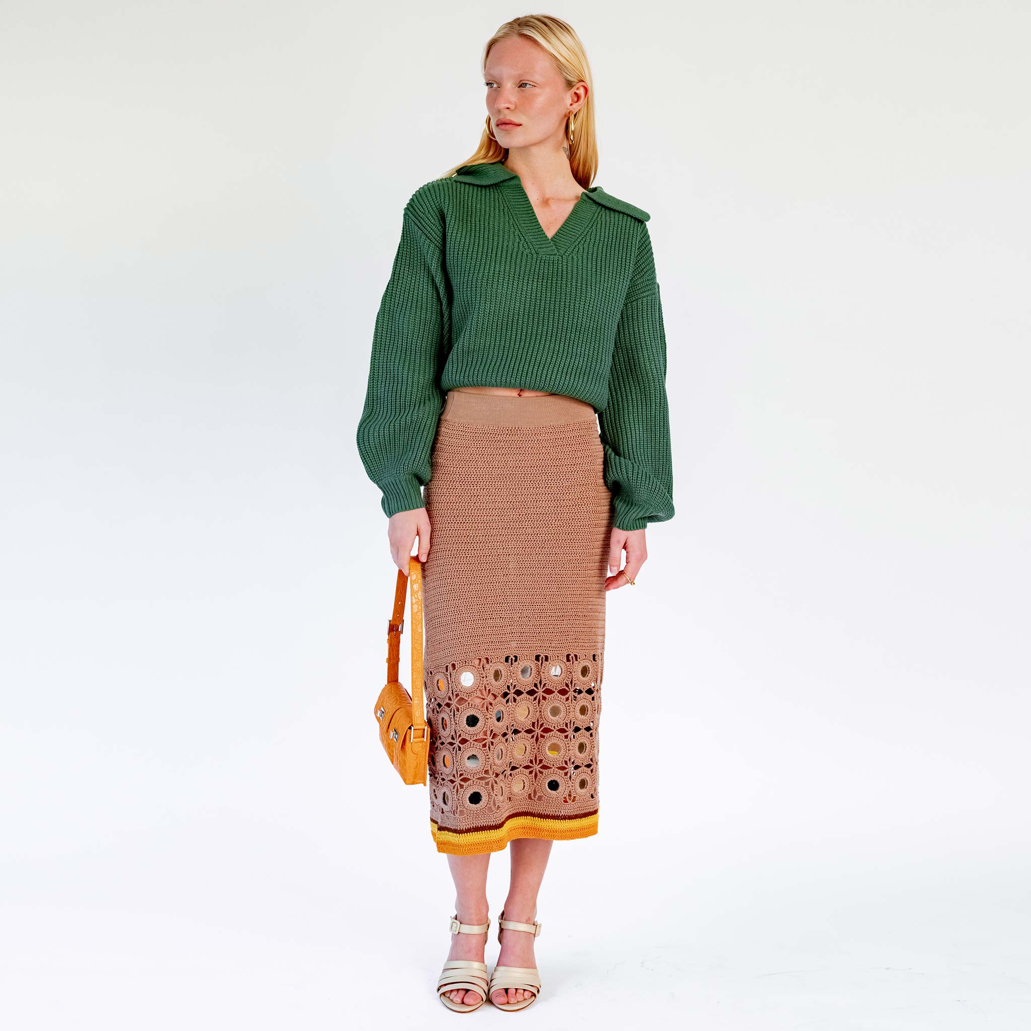 Full body photo of model wearing the Balloon Sleeve V-Neck Sweater - Green.