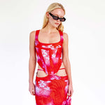 Close half body photo of model wearing the Campbell Corset - Rouge Mud.