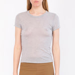 Close half body photo of model wearing the Campos Tee - Smoke. 