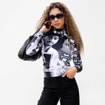 Close detail photo of model wearing the Colette High Neck Top - Romantic B&W.