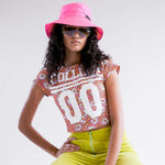 Close detail photo of model wearing the Collina Tee - Hi-Liter Floral.