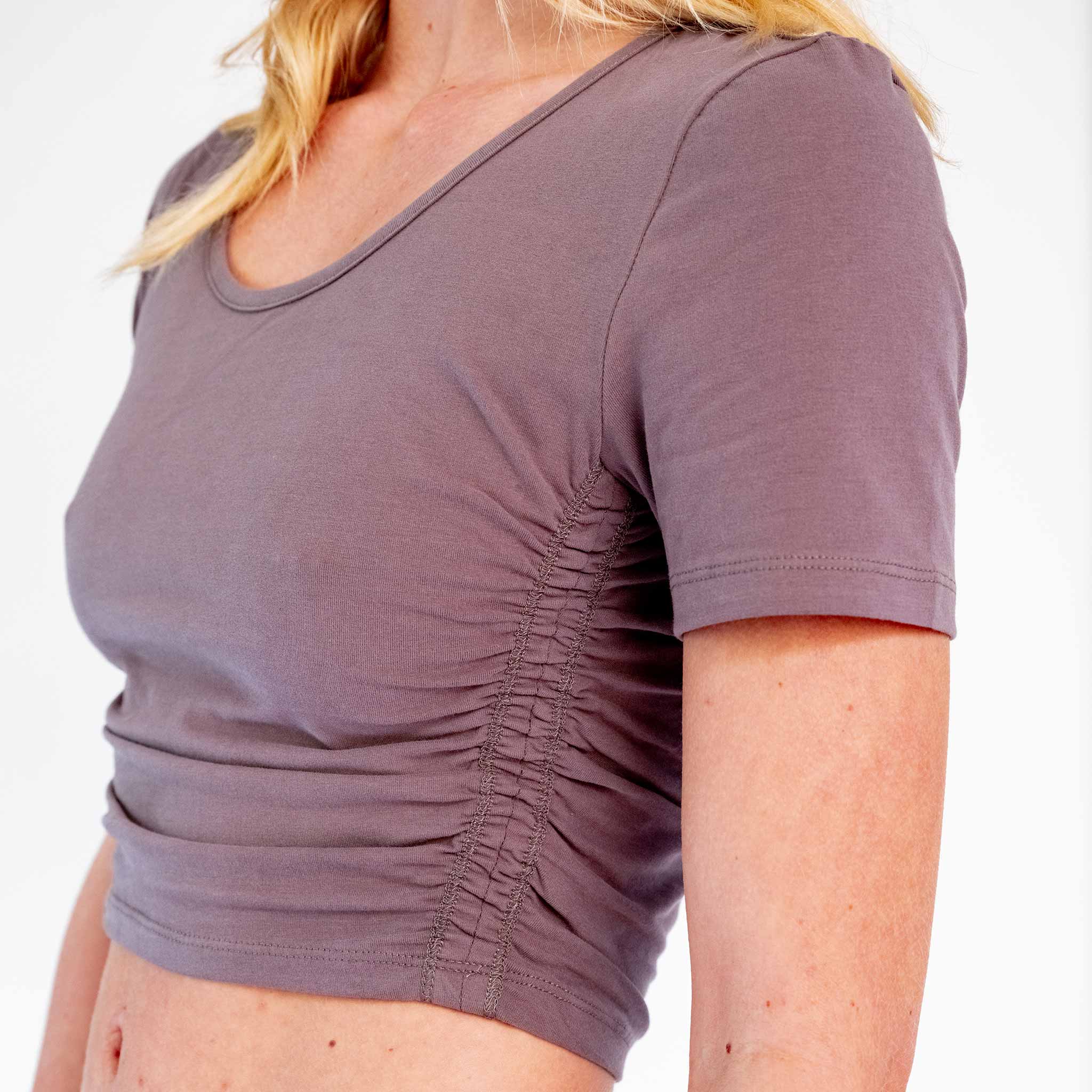 Close detail photo of model wearing the Cropped Scoop Neck Ruched Tee - Charcoal.