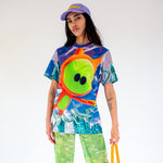 Front half body photo of model wearing the Deep Sea Marpi Tee.