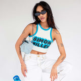 Close half body photo of model wearing the Dimmy Tank - White.