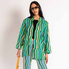 Close half body photo of model wearing the Dodo Shirt - Blue Stripe.