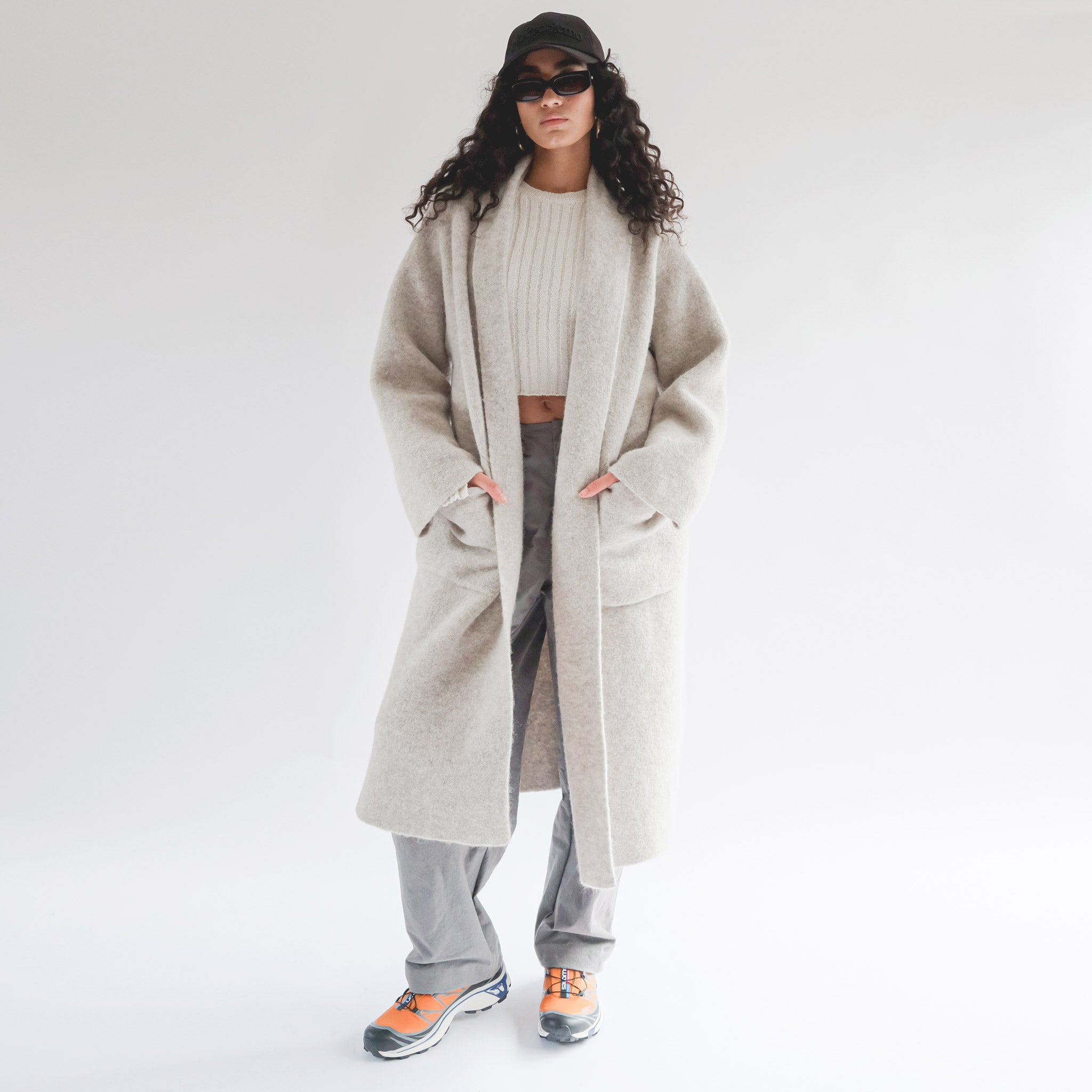 Full body photo of model wearing the Double Face Long Coat - Peeble.