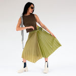 Full outfit photo of model wearing the Fluted Tank - Lichen. a cropped ribbed knit tank with cutout back detail.