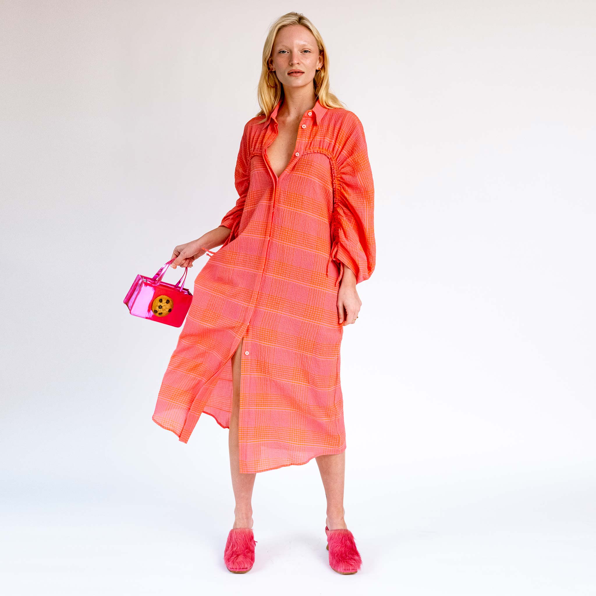 Front full body photo of model wearing the Golden Gate Dress - Pink & Orange Checks.