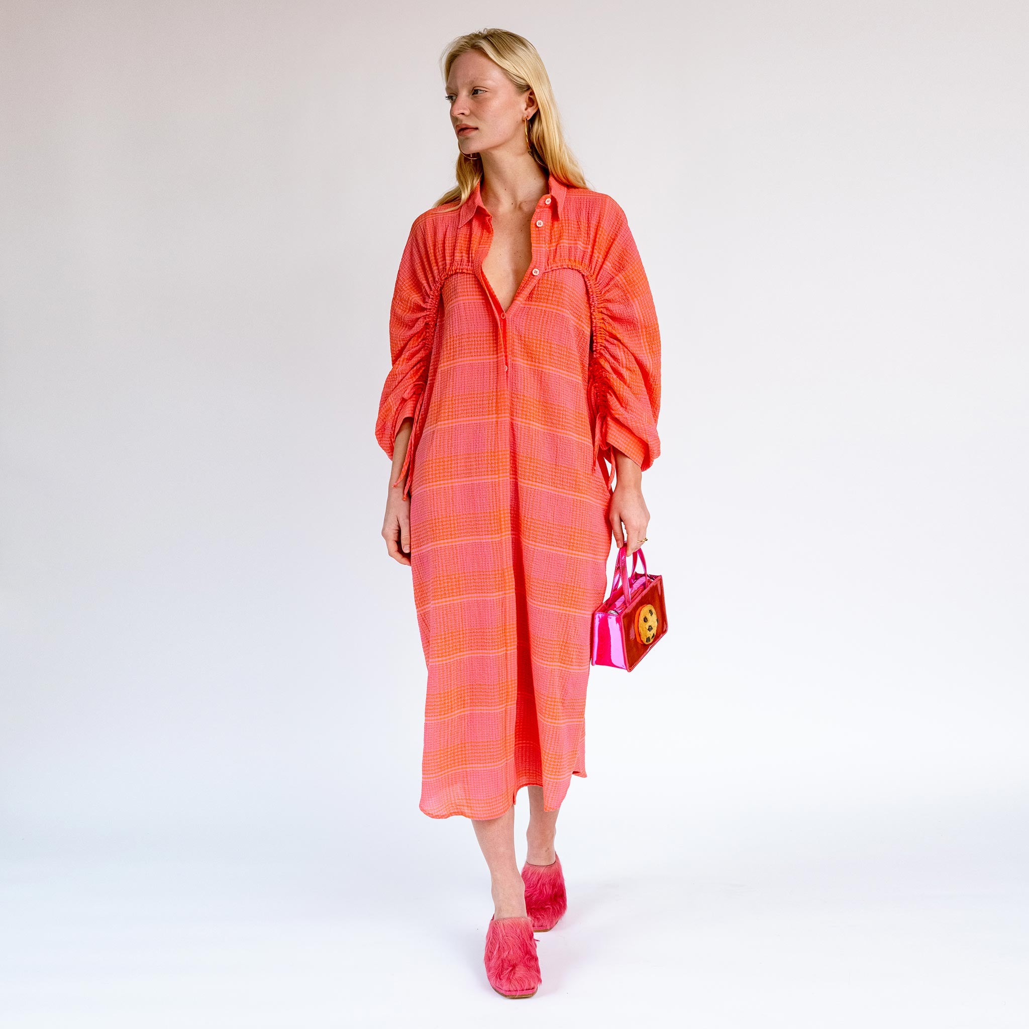 Full body photo of model wearing the Golden Gate Dress - Pink & Orange Checks. 