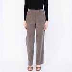 Close half body photo of model wearing the Harp Trouser - Chelsea Grey.