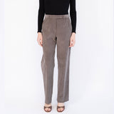 Close half body photo of model wearing the Harp Trouser - Chelsea Grey.