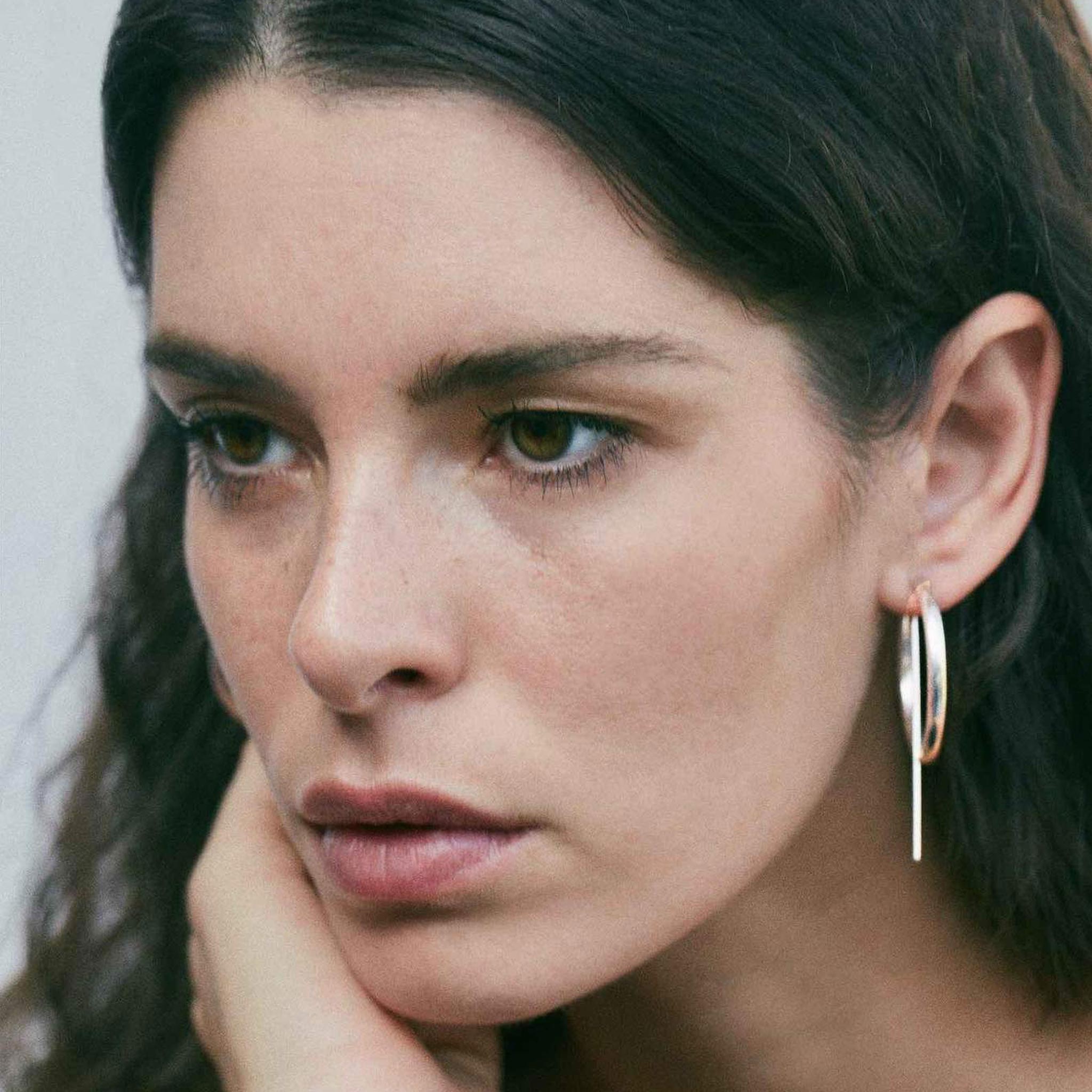 Jaclyn Moran Jewelry - Hoop & Post Earrings in Sterling Silver, pictured on model.