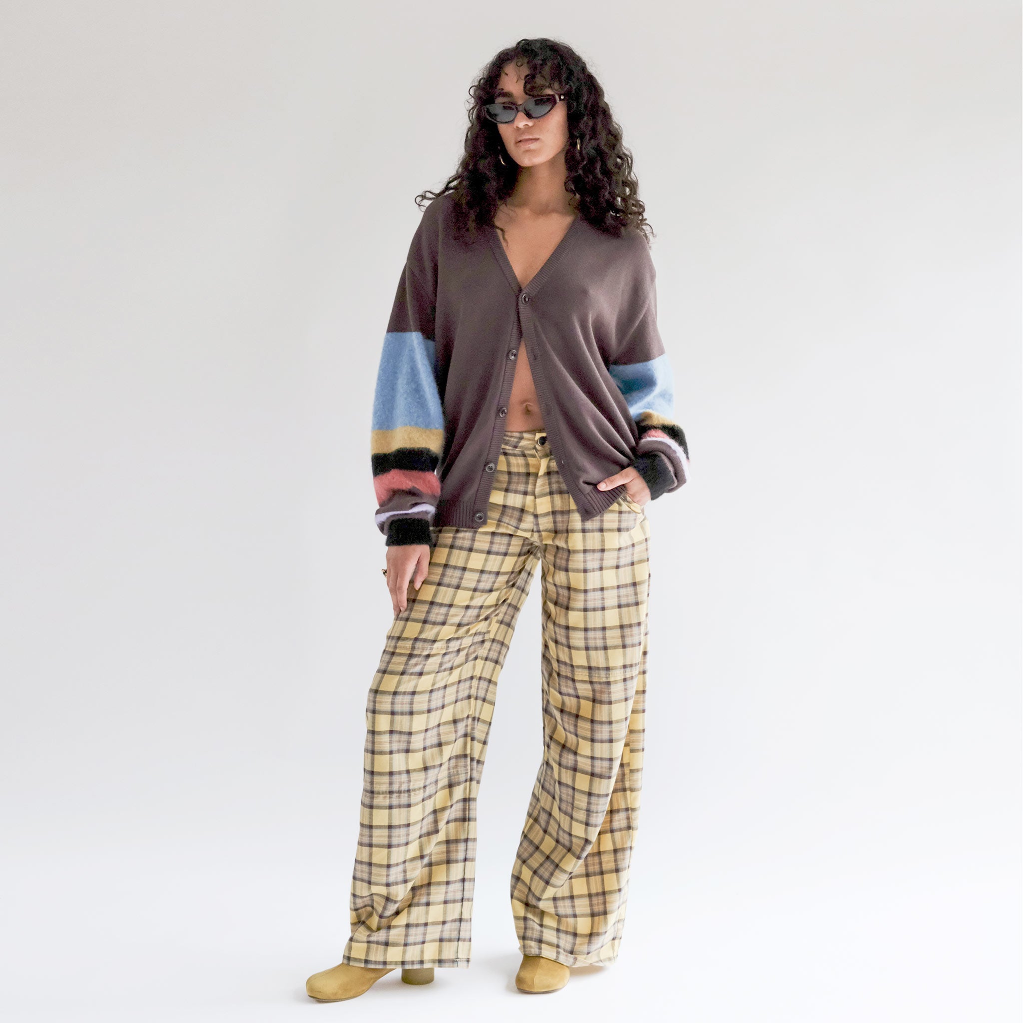 Full body photo of model wearing the Lawn Pant - Mall Plaid.