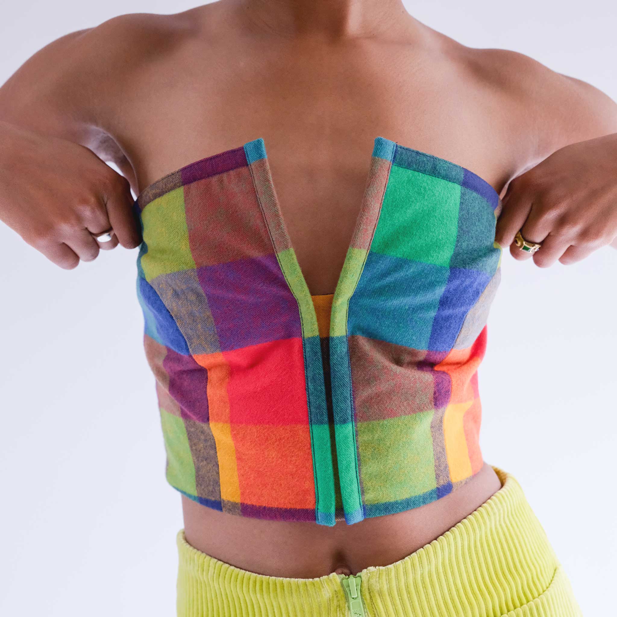Front detail photo of model wearing the Layne Top - Rainbow Multi .