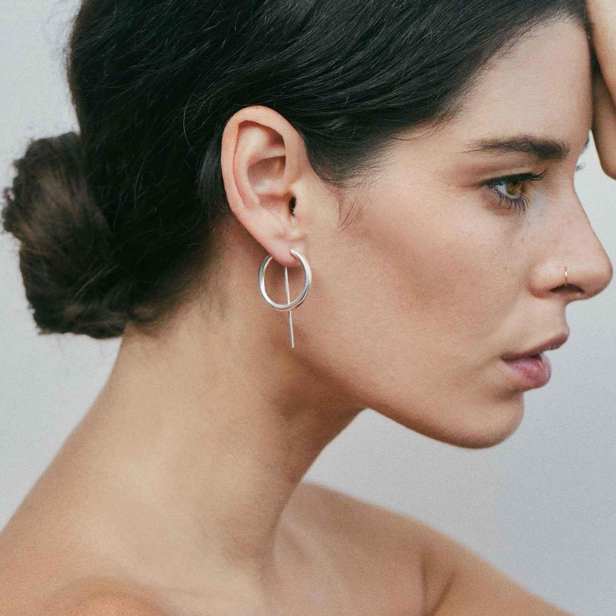 Jaclyn Moran - Mini Hoop & Post Earring in Sterling Silver, pictured on model.
