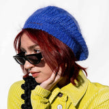 Close detail photo of model wearing the Mohair Beret - Dazzling Blue.