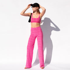 Full body photo of model wearing the Moon Sponge Jacquard Lounge Pants - Fuchsia.