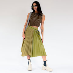 Front full body photo of model wearing the Nicola Double Pleat Skirt - Khaki.