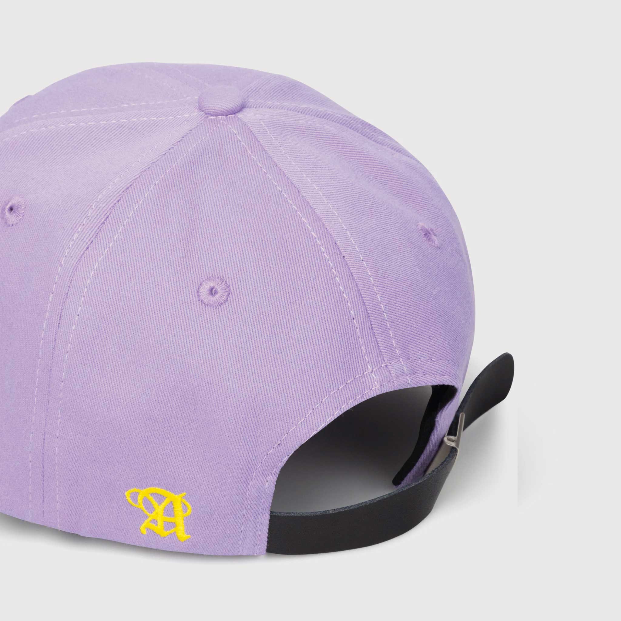 Back detail photo of the No Problemo Cap in lilac purple with yellow embroidery.