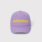 Flat detail photo of the No Problemo Cap in lilac purple with yellow embroidery.