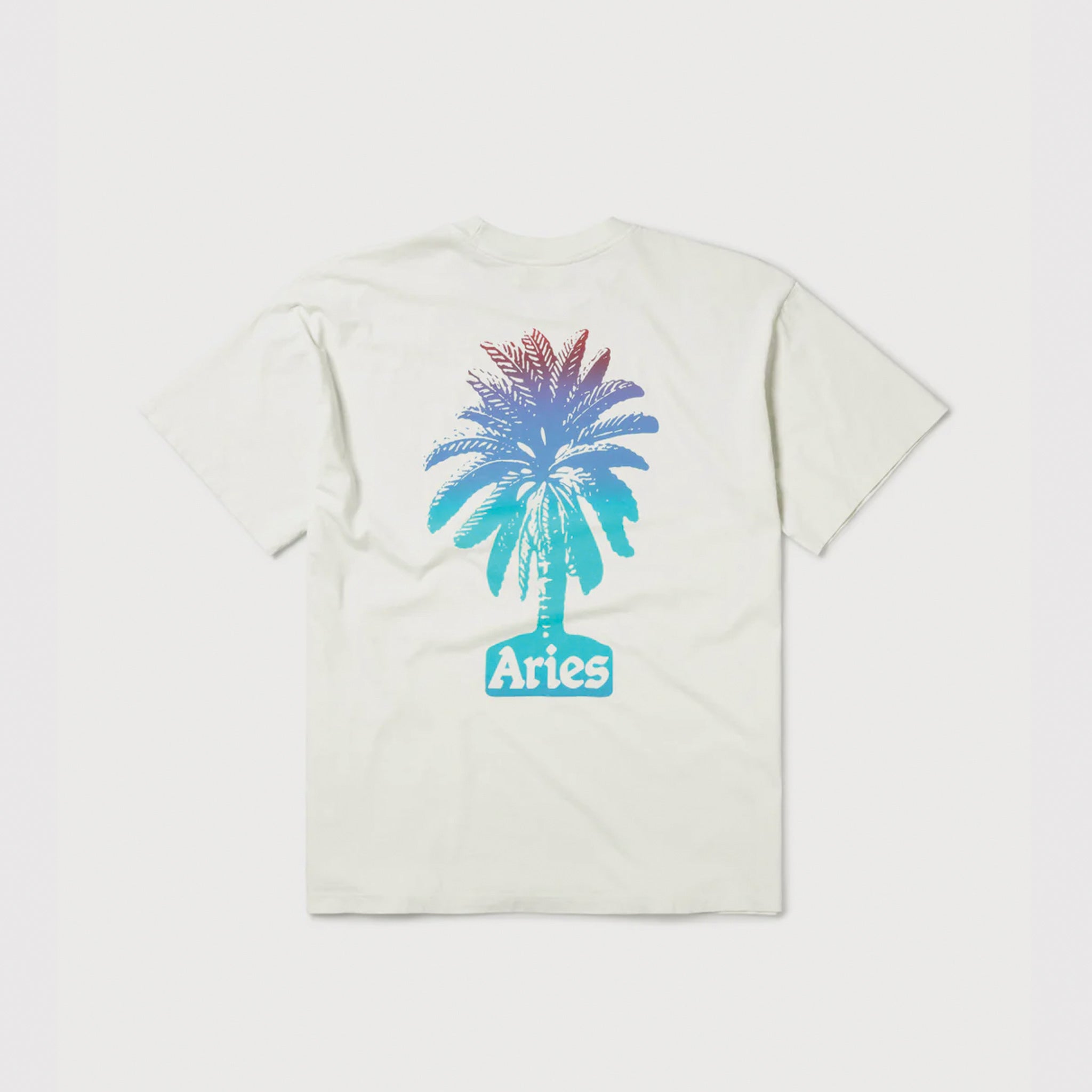 Back flat photo of the Aries Palm short sleeve tee with a large back graphic of a palm tree with the Aries logo.