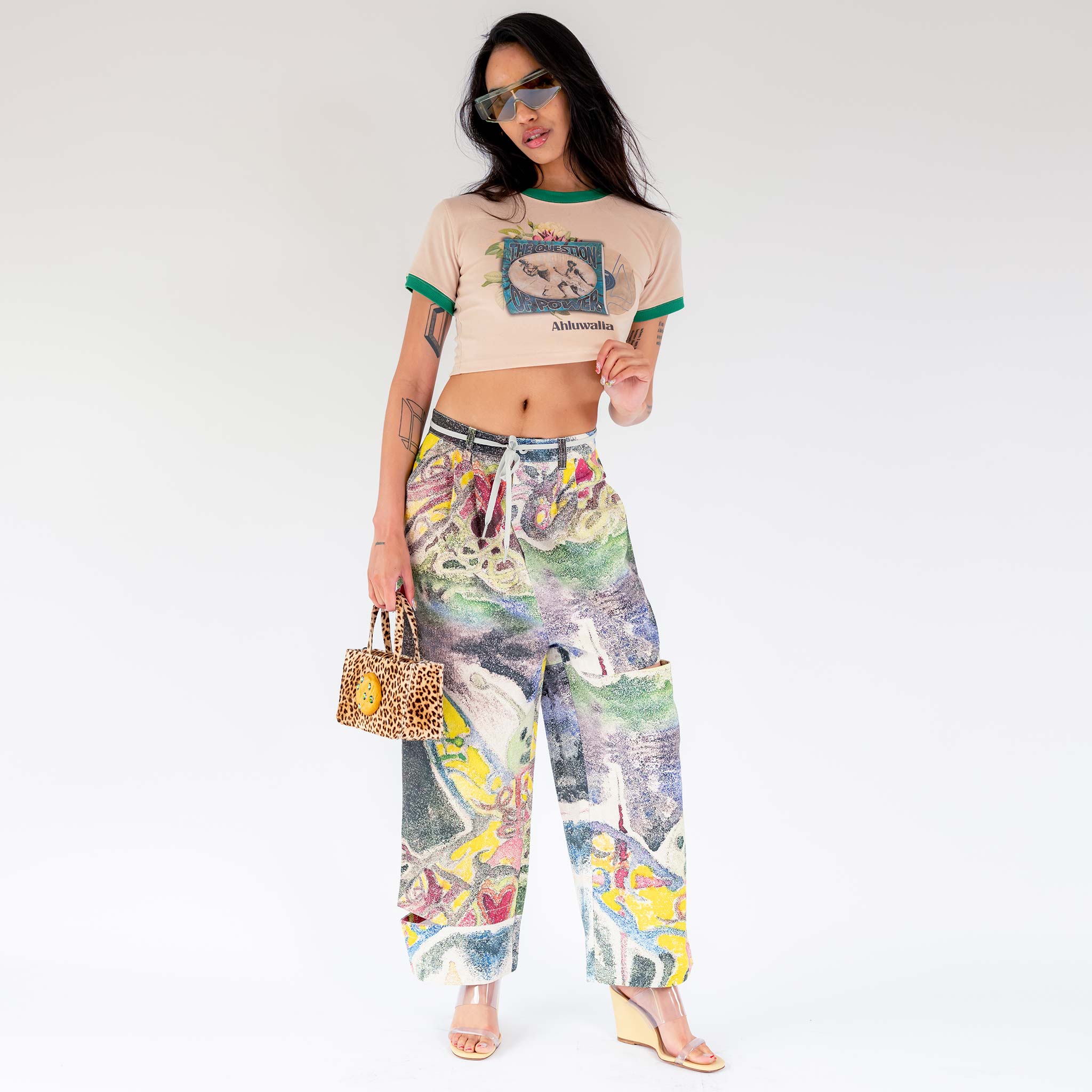 Full body photo of model wearing the Power Baby Tee - Beige.
