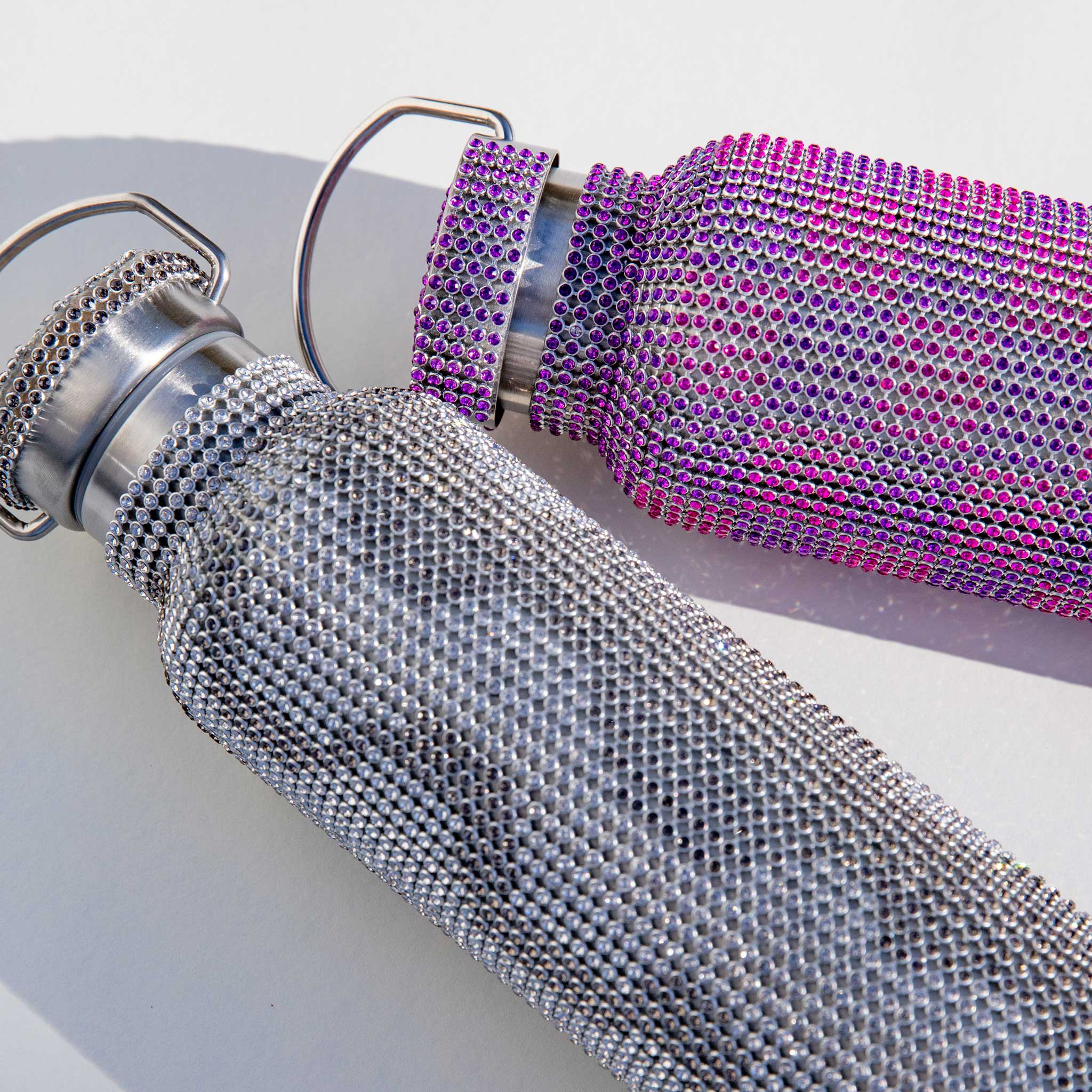 Close flat detailed photo of the Rhinestone Water Bottle - Pink / Purple Check. 