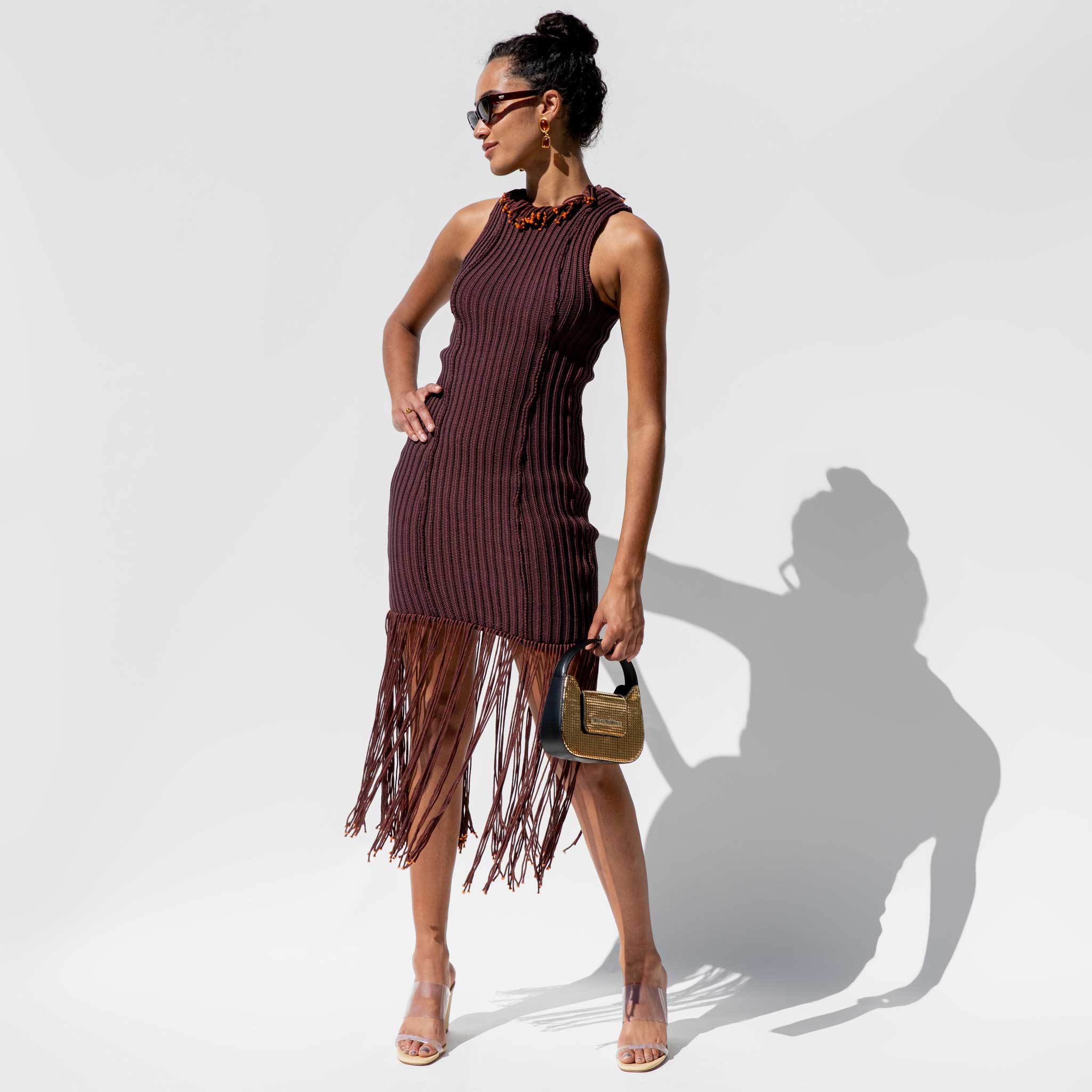 Full body photo of model wearing the Rope Dress - Oxblood.