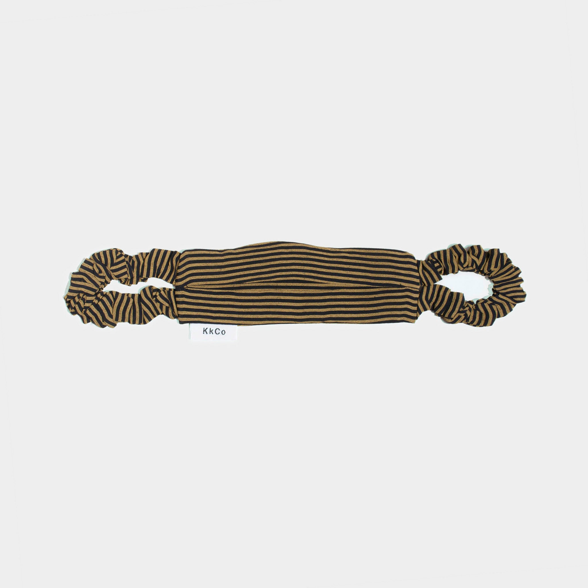 Flat image of a dark lemon and black pepper horizontally striped face covering featuring scrunchie style ear loops.