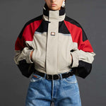 Front half body photo of model wearing the Shrunken Sports Jacket - Red/Black/Beige.