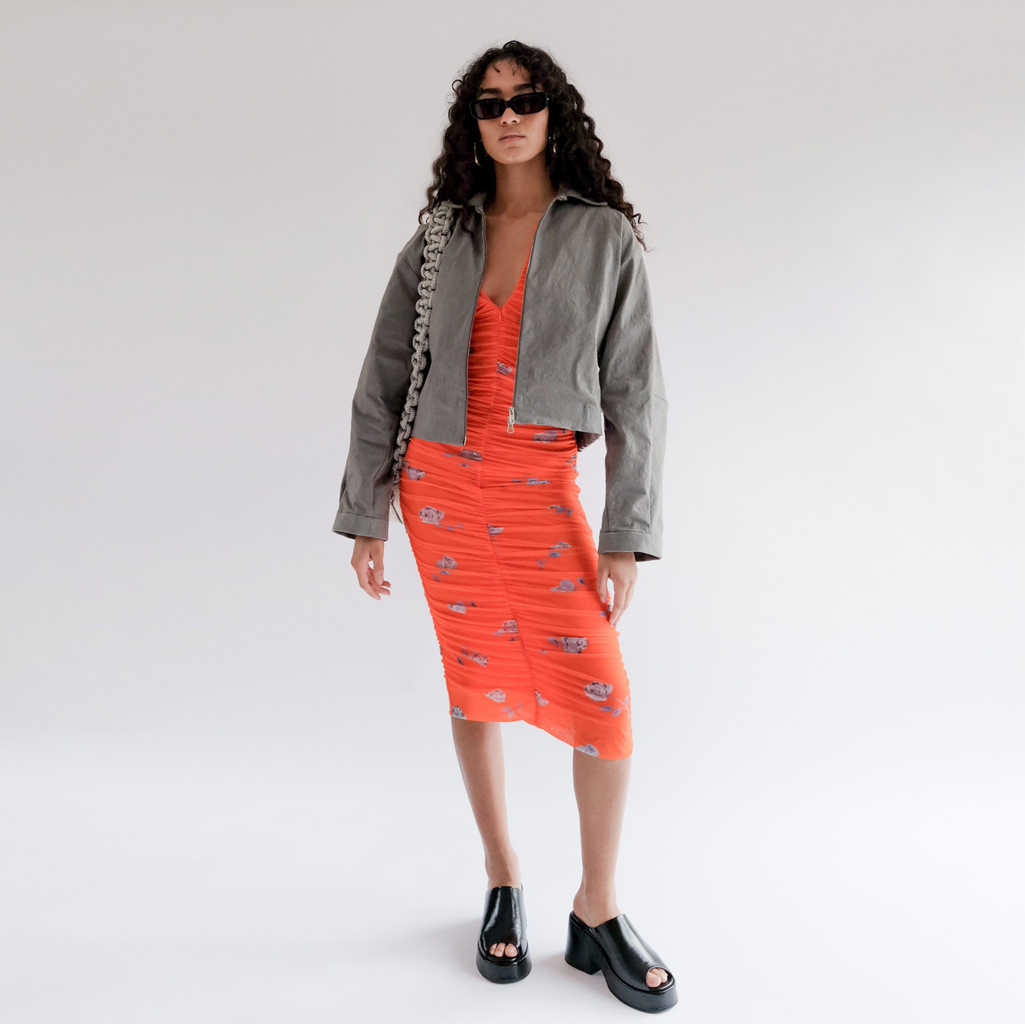 Full body photo of model wearing the Structure Jacket - Steel.