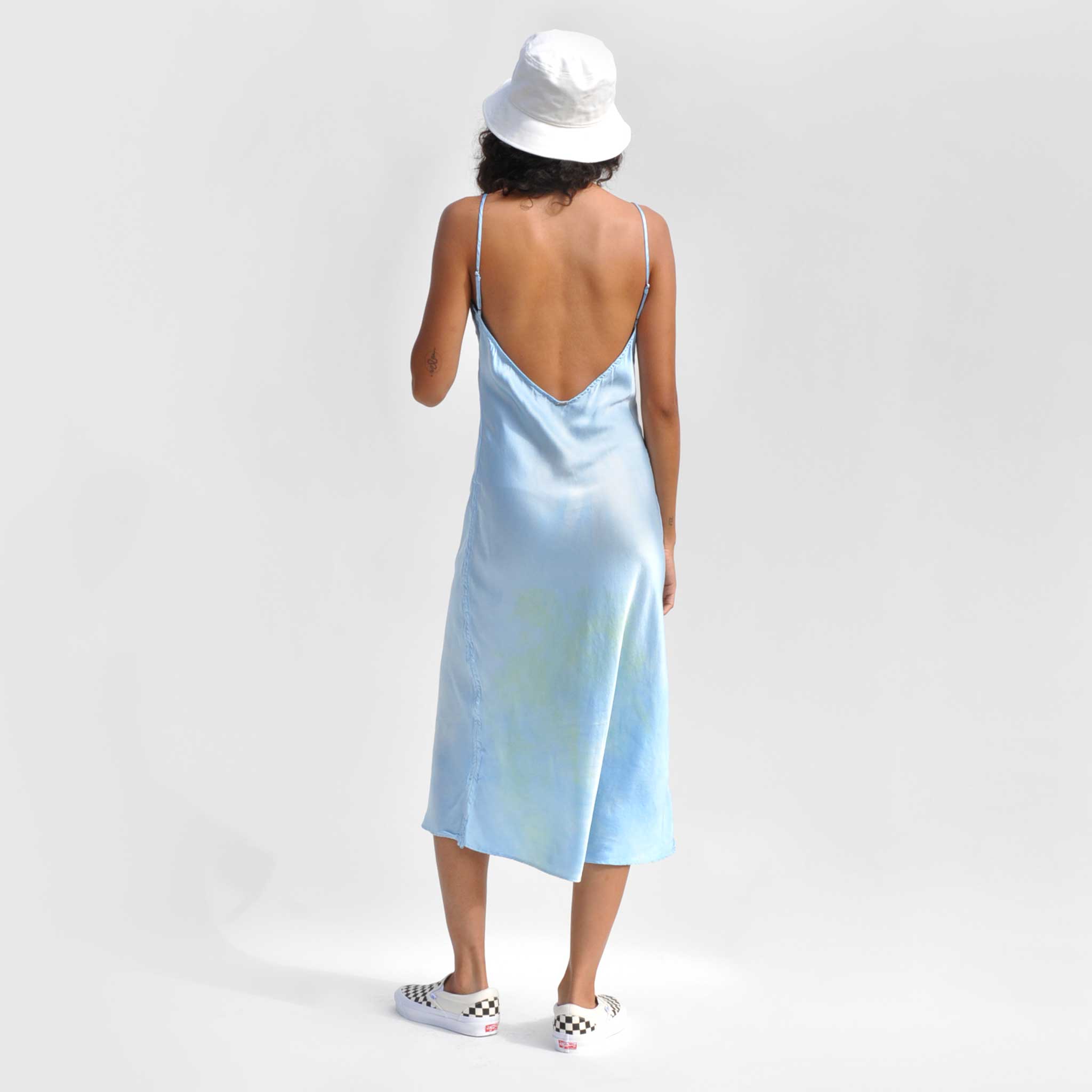 Back full body photo of model wearing the Vee Midi Slip Dress - Sky