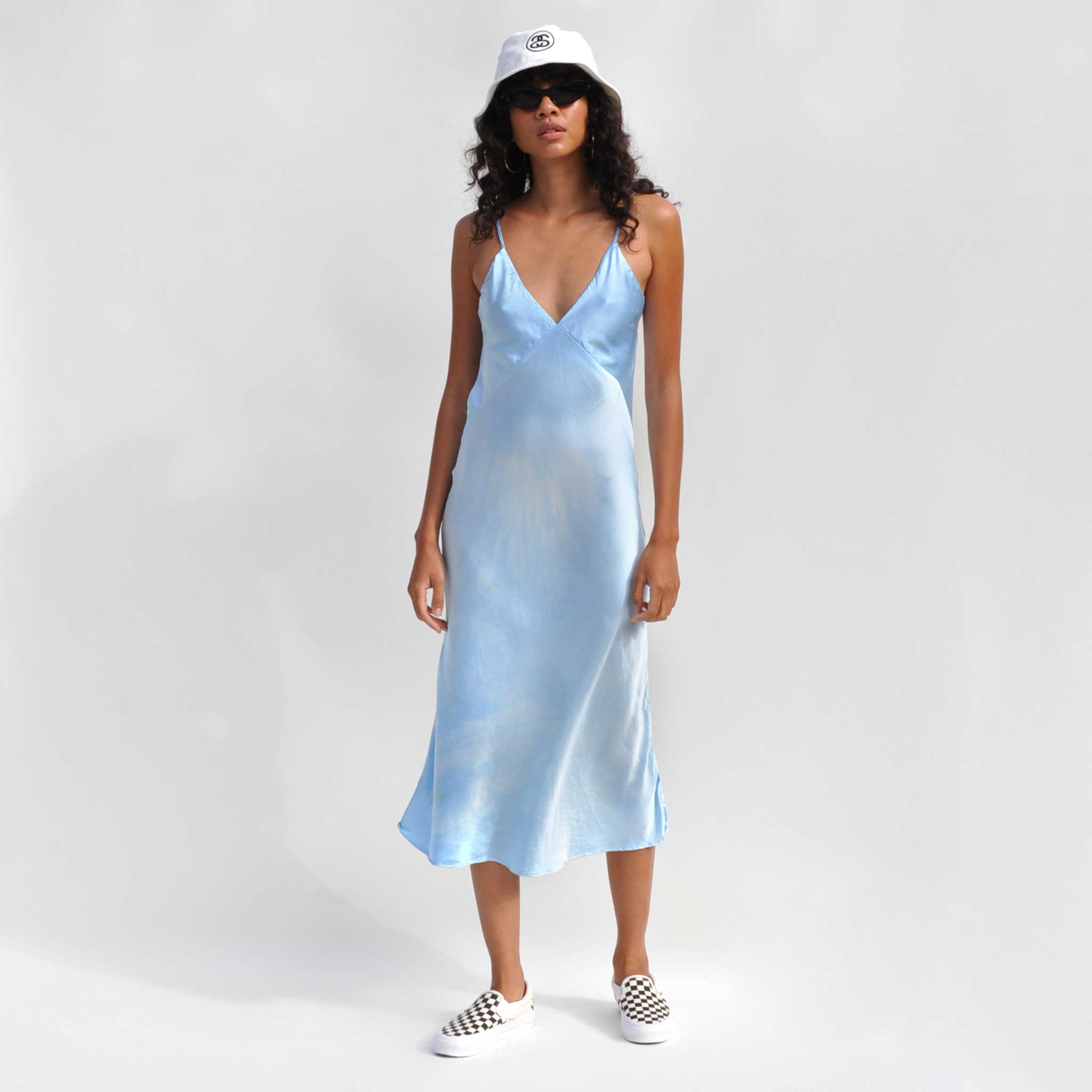 Full body photo of model wearing the Vee Midi Slip Dress - Sky