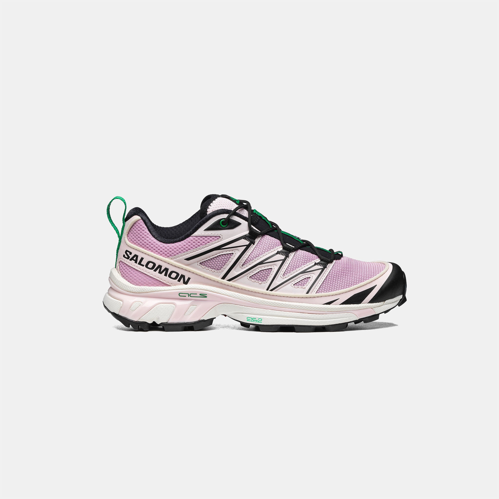 Side view of the pink XT-6 Expanse sneaker by Salomon for Sandy Liang, with white sole and black trim.