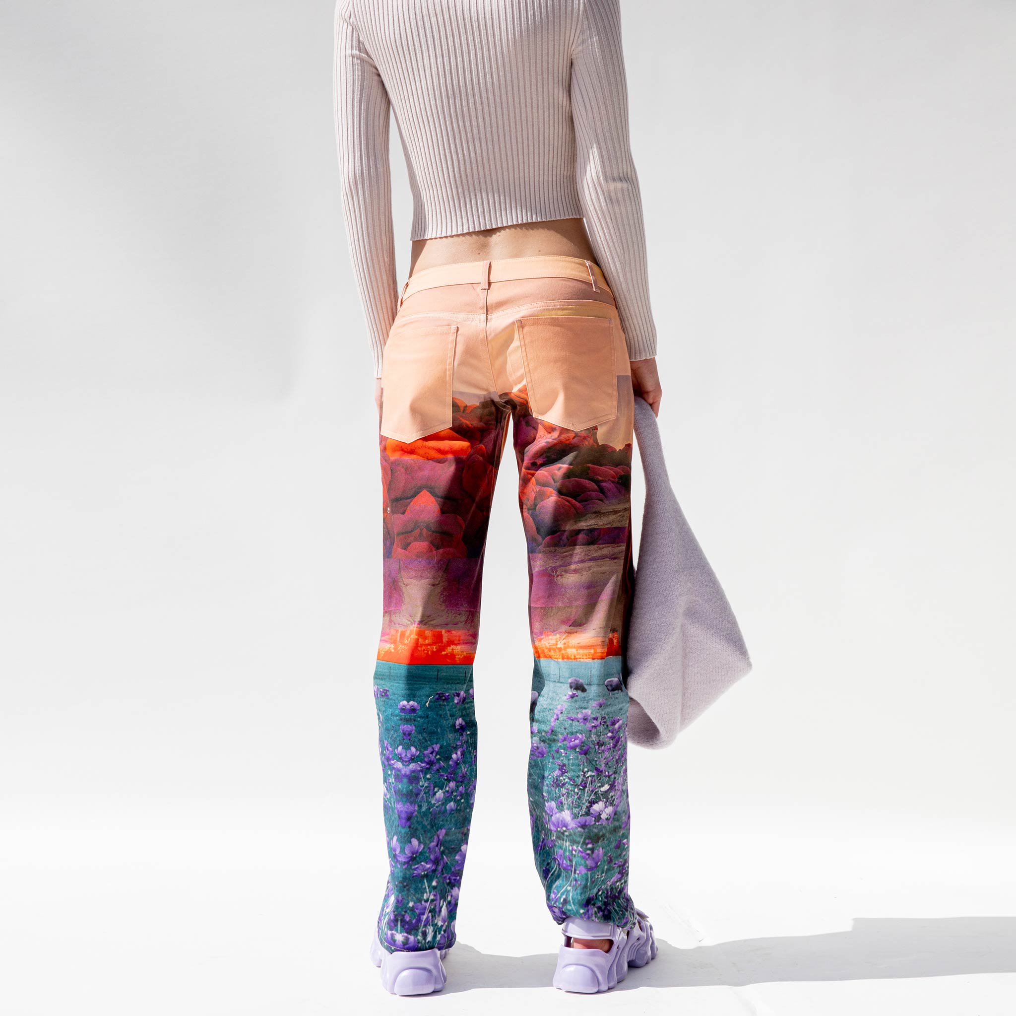 Miaou Atlas Pants featuring collaged landscape prints, back view as worn by a model.