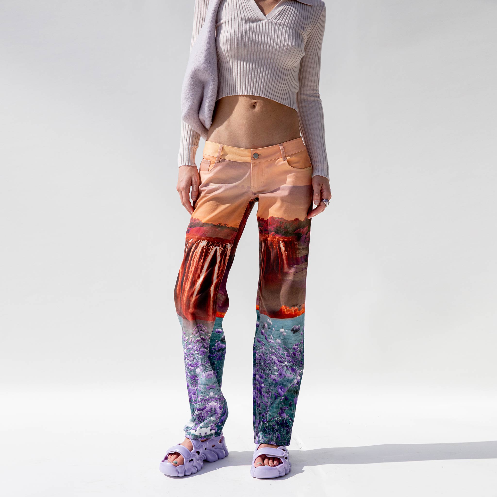 Miaou Atlas Pants featuring collaged landscape prints, front view as worn by a model.