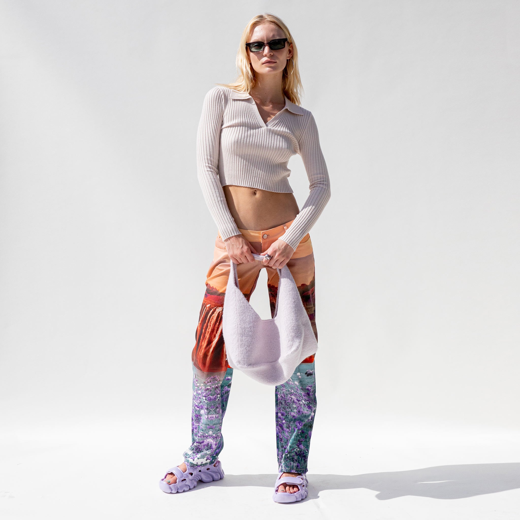 Miaou Atlas Pants featuring collaged landscape prints, full outfit view as worn by a model.